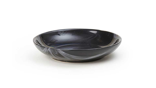 Handcrafted black marble saucer (13cm) for elegant dining, perfect for desserts and appetizers; microwave and dishwasher safe.