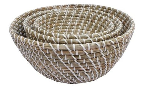 Set of 3 eco-friendly seagrass baskets with durable plastic weaving, perfect for stylish storage and home decor.