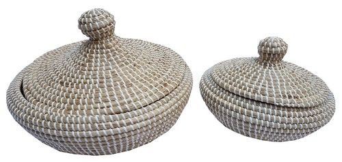 Set of 2 eco-friendly seagrass baskets with plastic weaving, perfect for stylish storage in any room.