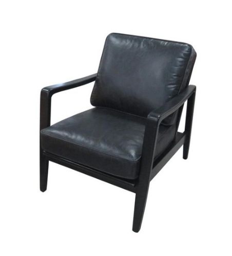 Elegant Leather Occasional Finn Chair in Belon Black with a supportive black frame, featuring unique buckle detailing for modern spaces.