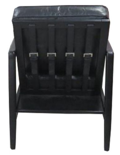 Elegant black Leather Occasional Finn Chair with unique buckle detailing, solid frame, and multi-layer cushioning for ultimate comfort.