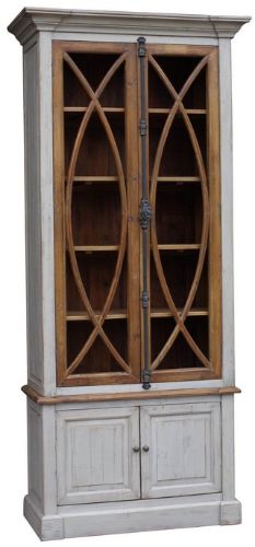 Stylish grey and white wash bookcase with curved glass doors, crafted from old pine for elegant storage and display.