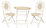 Elegant outdoor café set with antique white finish, ornate chair detailing, perfect for patios and gardens.