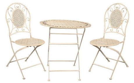 Elegant outdoor café set with antique white finish, ornate chair detailing, perfect for patios and gardens.