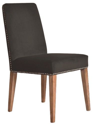 Dark grey velvet dining chair with antique studs, solid timber frame, blending luxury and elegance for any dining space.