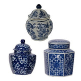 Set of 3 blue and white decorative jars with intricate detailing, perfect for home decor and stylish storage solutions.