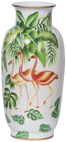 Vibrant porcelain vase depicting flamingos and lush leaves, perfect for fresh or dried flowers in any room.