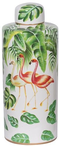 Vibrant porcelain flamingo jar with a lush greenery design, perfect for decor and storage in any room.