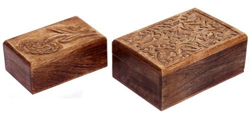 Set of 2 mango wood boxes with intricate carvings, ideal for stylish storage and home decor enhancement.