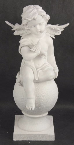 Cherub ornament resting on a colorful ball with a small bird, perfect for adding whimsical charm to any indoor space.