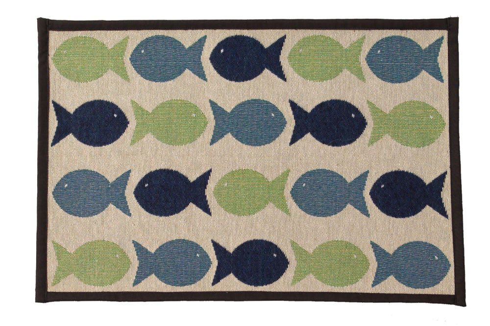 Vibrant fish-themed cat feed mat, 48cm x 33cm, durable, non-skid, and machine washable for easy cleaning.