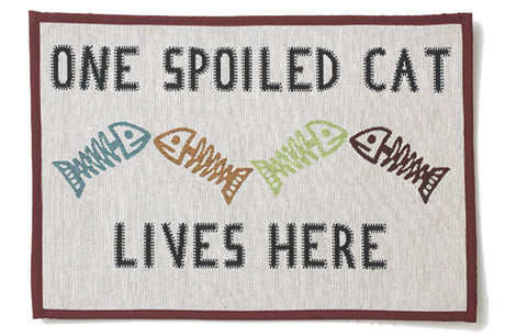 Stylish cat feed mat with "One Spoiled Cat Lives Here" design, featuring non-skid backing and machine washable materials.