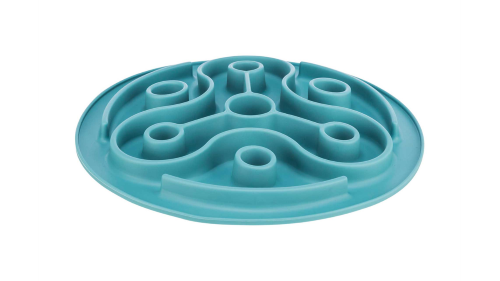 Soft, non-slip slow feeding mat (28cm) promoting healthier eating habits, suitable for all pet food types, dishwasher safe.