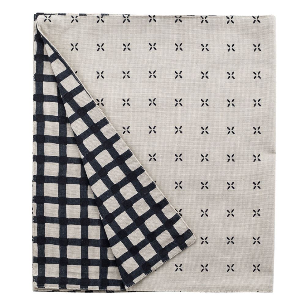 Reversible table runner with raven Margherita and gingham prints, perfect for elegant dining and festive occasions.