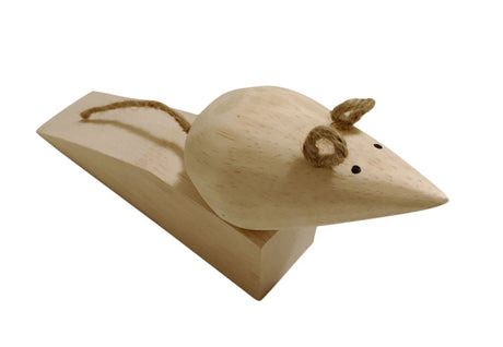 Charming mouse-shaped wooden door wedge that serves as a whimsical doorstop, perfect for any home decor style.