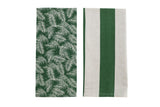 Set of 2 cotton tea towels in Amazon Green, featuring tropical palm print for stylish kitchen decor and drying.