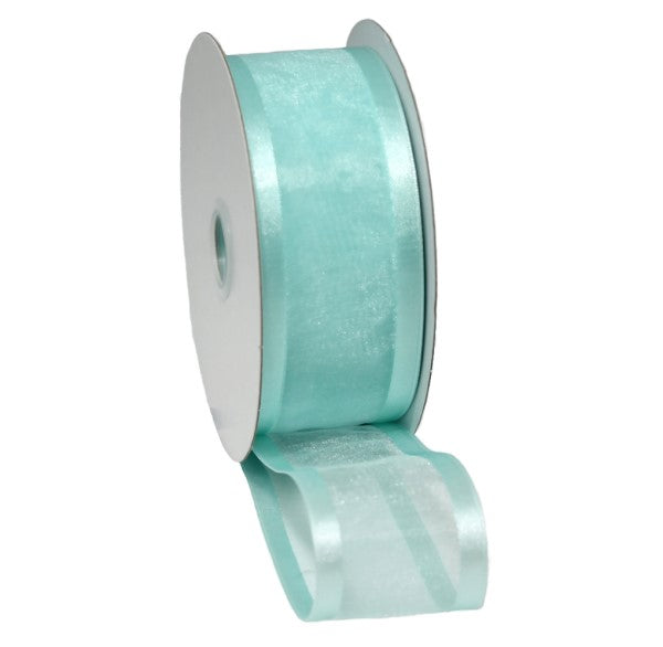 Pale sea green satin edge organza ribbon, 38mm x 25m, perfect for elegant embellishments and crafting projects.