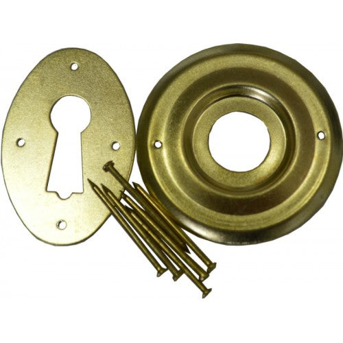 Elegant brass-plated Rimlock Escutcheon & Rose Set, enhancing security and style for interior and exterior doors.