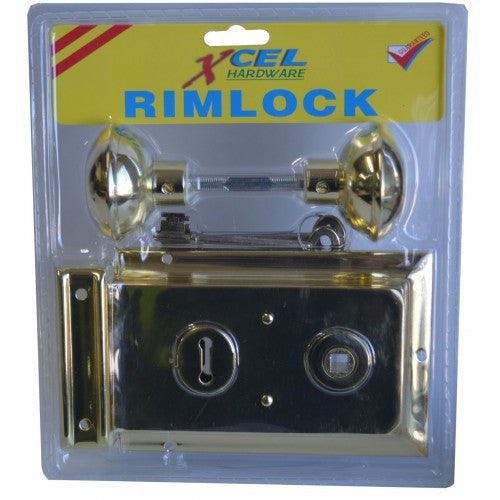 Brass-plated double handle rimlock, versatile for left/right doors, includes handles, escutcheons, and 2 keys.