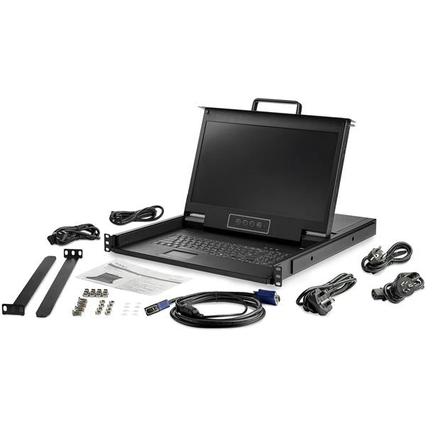 Rackmount KVM Console HD with 17.3" LCD, built-in keyboard, touchpad, and KVM cables for efficient server management.