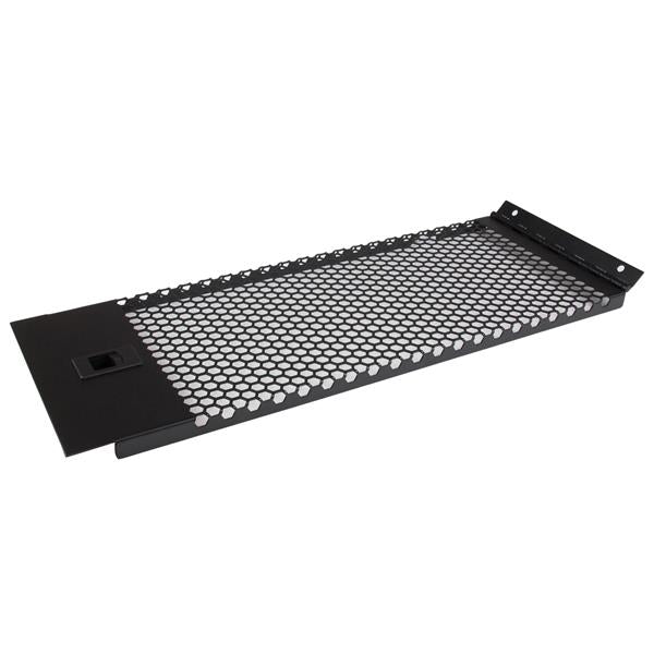 Vented 4U blank panel for server racks with hinge, allowing airflow and easy access for maintenance, made of durable steel.