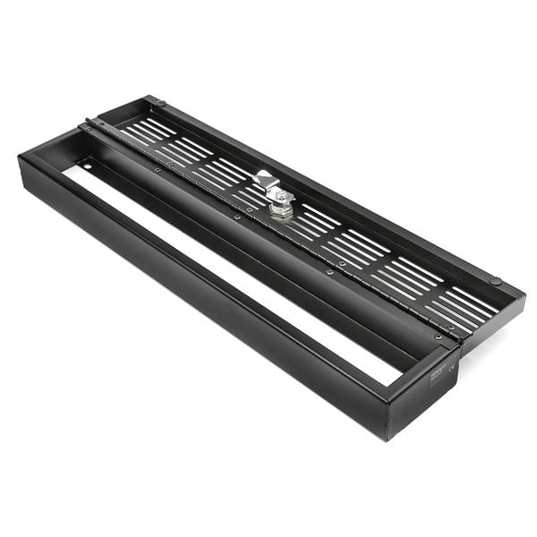 2U 19" rack mount security cover with perforated slots, hinged design for easy access, ensures robust equipment protection.