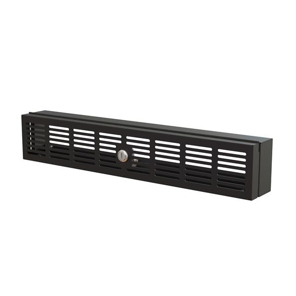 Locking 2U security cover panel for 19" server racks, featuring perforated slots for cooling and hinged access design.