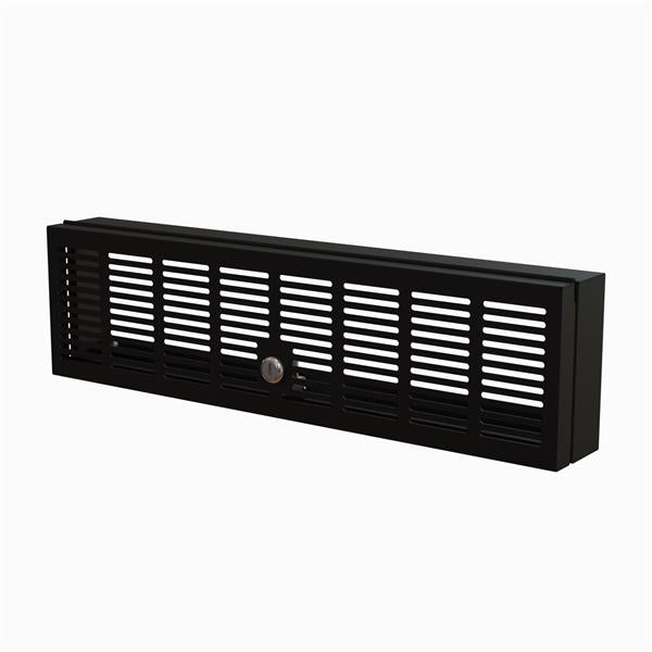 Hinged 3U rack-mount security cover with key lock, designed for protecting equipment in server racks while allowing passive cooling.