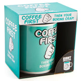 Spacious teal coffee mug with 'Coffee First' slogan, holds 900ml, perfect for coffee lovers, durable and humorous design.