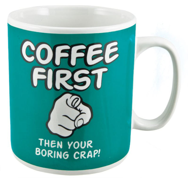 Spacious teal mug featuring "Coffee First" slogan, holds 900ml, ideal for caffeine lovers, measuring 11.0 x 11.0 x 12.5 cm.