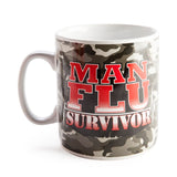 Giant 900ml mug with 'Man Flu Survivor' text on camouflage, perfect for coffee lovers needing a laugh during cold season.