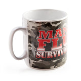 Giant mug featuring 'Man Flu Survivor' text on camouflage, holds 900ml, perfect for coffee lovers enduring cold seasons.