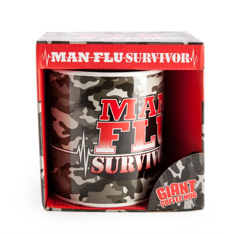 Giant 900ml mug with 'Man Flu Survivor' text on army camouflage, perfect for coffee lovers and cold season resilience.