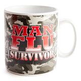 Giant 900ml coffee mug with "Man Flu Survivor" on a camouflage design, perfect for coffee lovers and gifts.