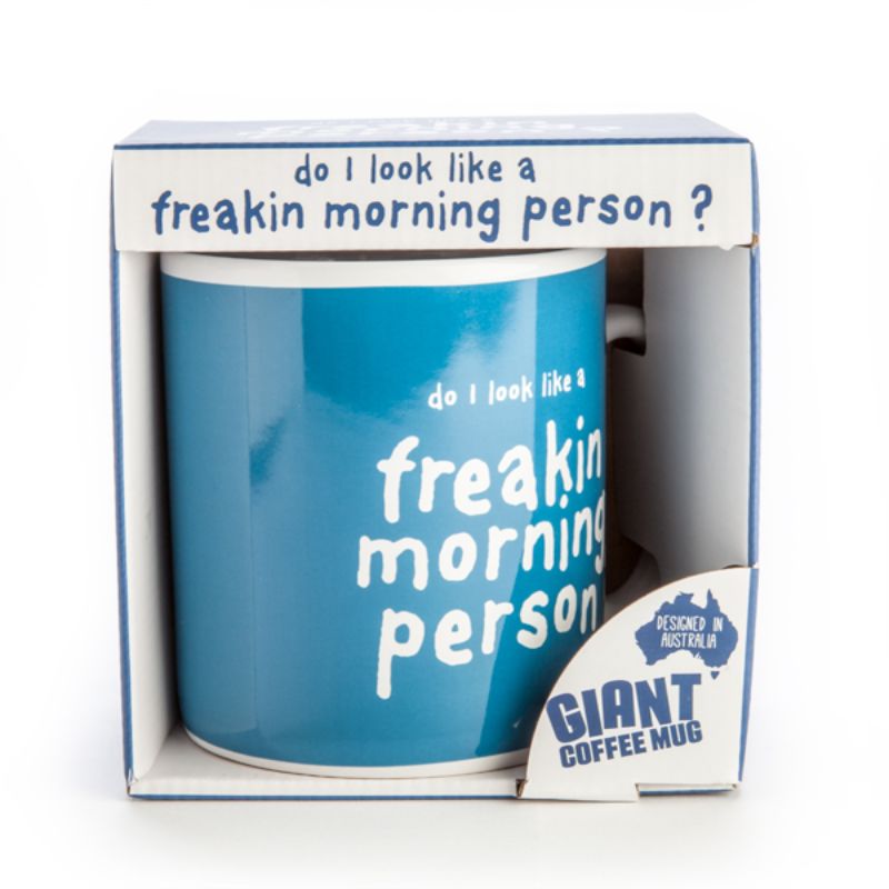 Giant ceramic mug with 'Do I look like a freakin' morning person?' text, holds 900ml for your coffee cravings.