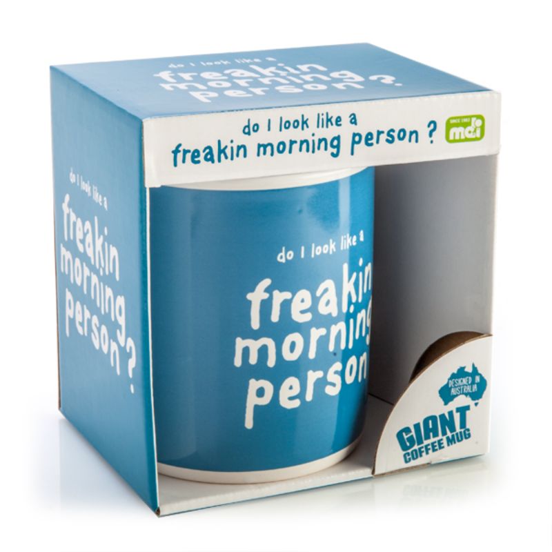 Giant ceramic coffee mug with humorous "Do I look like a freakin’ morning person?" text, holds 900ml.