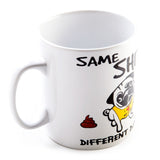 Giant coffee mug featuring a cute pug and 'Same Shit Different Day' slogan, holding 900ml for tough mornings.