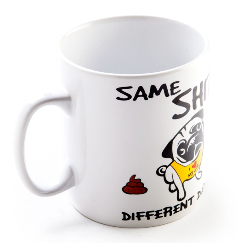 Giant coffee mug featuring a cute pug and whimsical slogan, holds 900ml for enjoyable sips on challenging days.