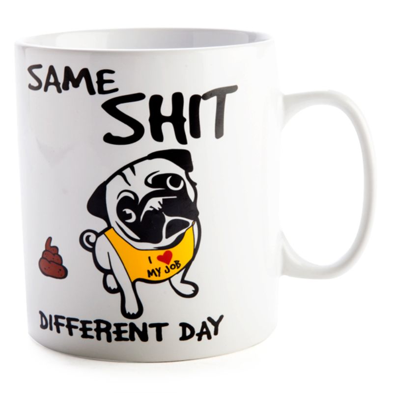 Giant ceramic coffee mug with a cute pug and 'Same Shit Different Day' slogan, holding 900ml for your favorite beverages.