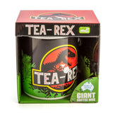 Giant Tea Rex mug, 12.5cm tall, holds 900ml; playful T-Rex design for dino lovers and tea enthusiasts.