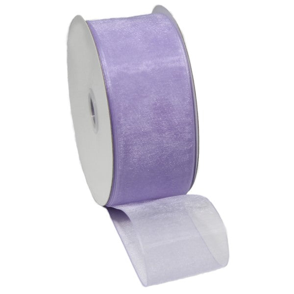 Lavender organza ribbon with a woven edge, perfect for crafting, gift wrapping, and floral arrangements, 25mm x 50m.