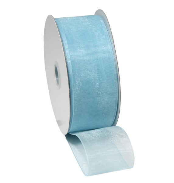 Pale blue organza ribbon with woven edge, 25mm x 50m, perfect for wedding decor, floral designs, and gift wrapping.