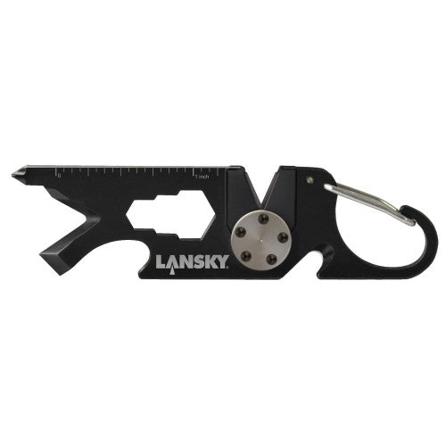 Compact 8-in-1 keychain knife sharpener features carbide blade, screwdrivers, bottle opener, pry tool, and line cutter.