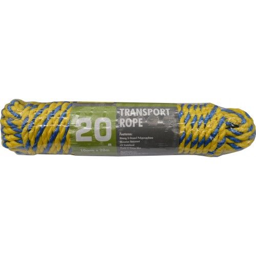 Twisted polypropylene rope in blue and yellow, 10mm x 20m, durable, lightweight, waterproof, perfect for outdoor and home use.