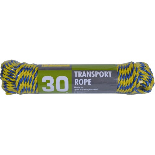 Durable 5mm polypropylene rope in blue and yellow, 30m long, ideal for boating, camping, and versatile outdoor use.