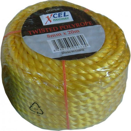 Durable 8mm x 20m polypropylene rope in vibrant blue/yellow, ideal for securing loads and water sports.