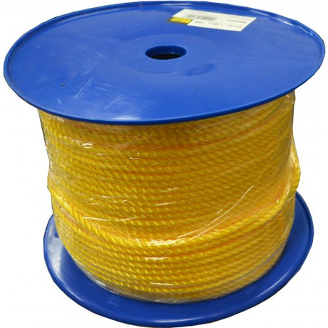 Vibrant Xcel Yellow 6mm polypropylene rope on reel, durable, waterproof, and UV stable for versatile outdoor and marine use.