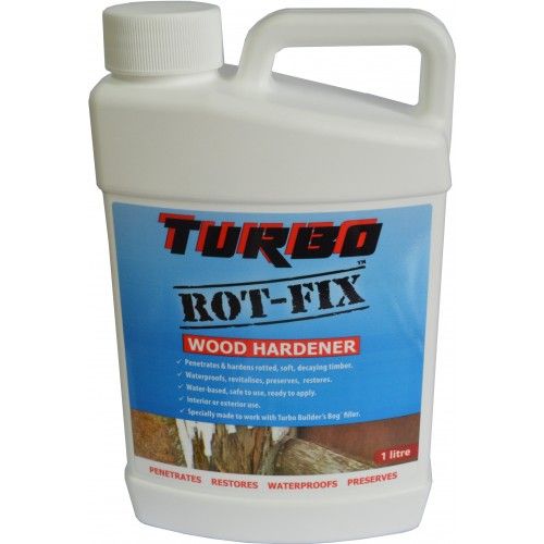 Turbo Rot Fix Wood Hardener (1 Litre) restores and waterproofs rotted wood, enabling durable repairs with Builder's Bog.