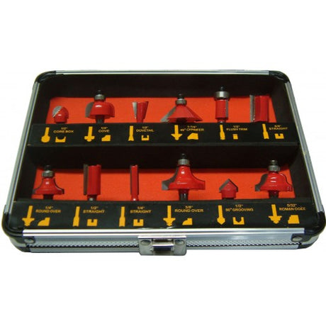 Router Bit Set in Aluminium Case with 12 tungsten carbide-tipped bits for diverse woodworking tasks and easy transport.