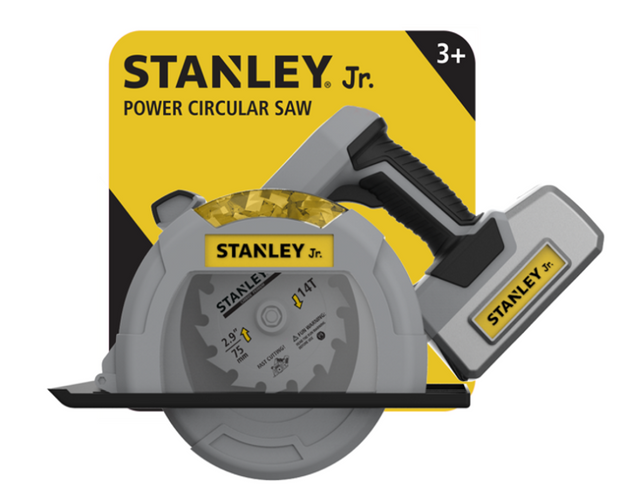 Battery-operated children's chainsaw with realistic sounds, motion sawdust effect, and customizable name tag for imaginative play.